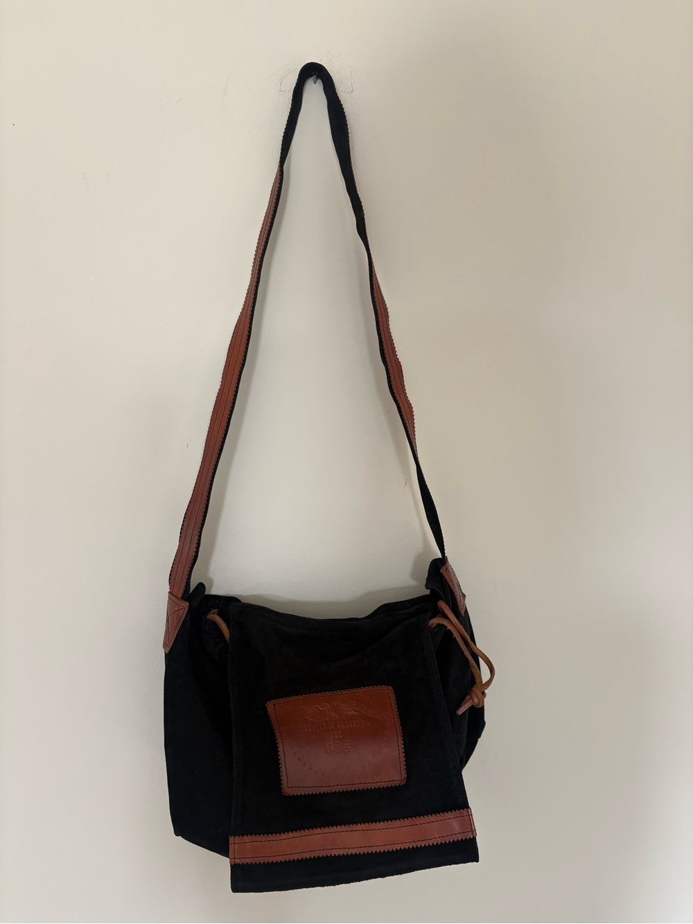 Handmade rare vintage boho Leather-Trim Black Suede Crossbody Bag in usa custom